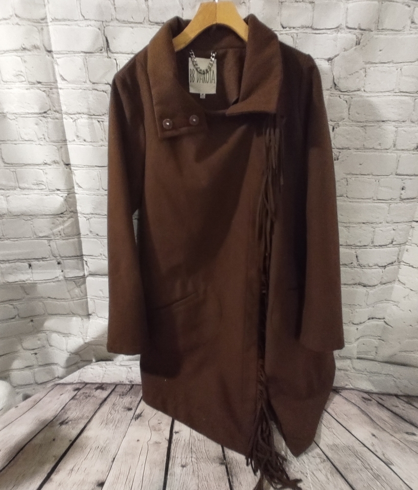 BB Dakota Med Brown Boho Fringe Coat
